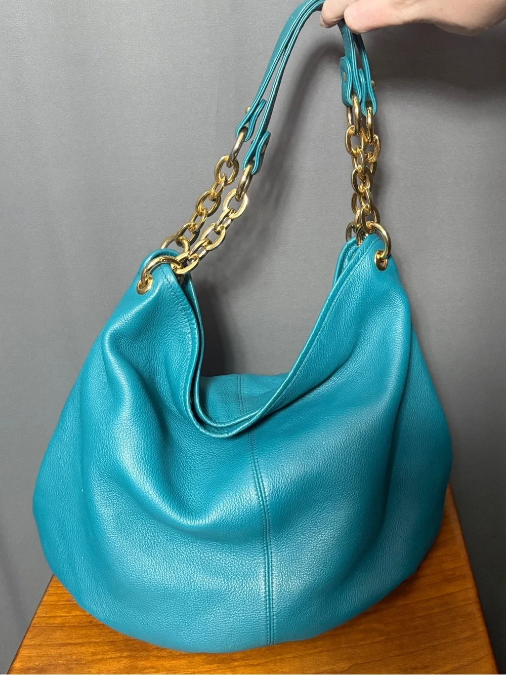 BODHI Teal Leather XL Hobo Bag with Gold Chain Handles